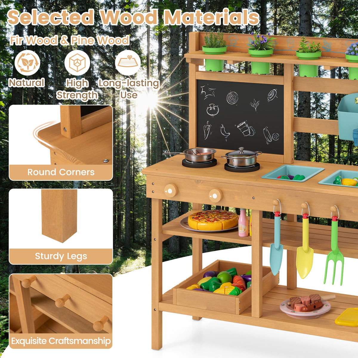 Toddler Wooden Pretend Play Kitchen Playset with Faucet and Pots