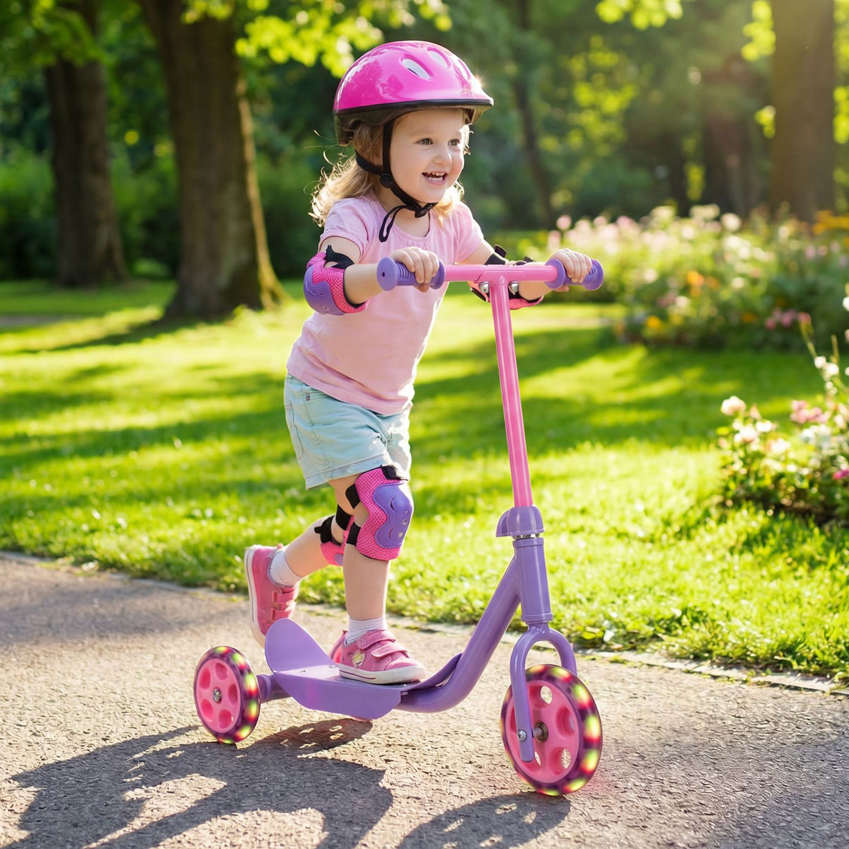 Toddler 3 Wheel Kick Scooter with LED Light Up Wheels and Wide Anti Slip Deck