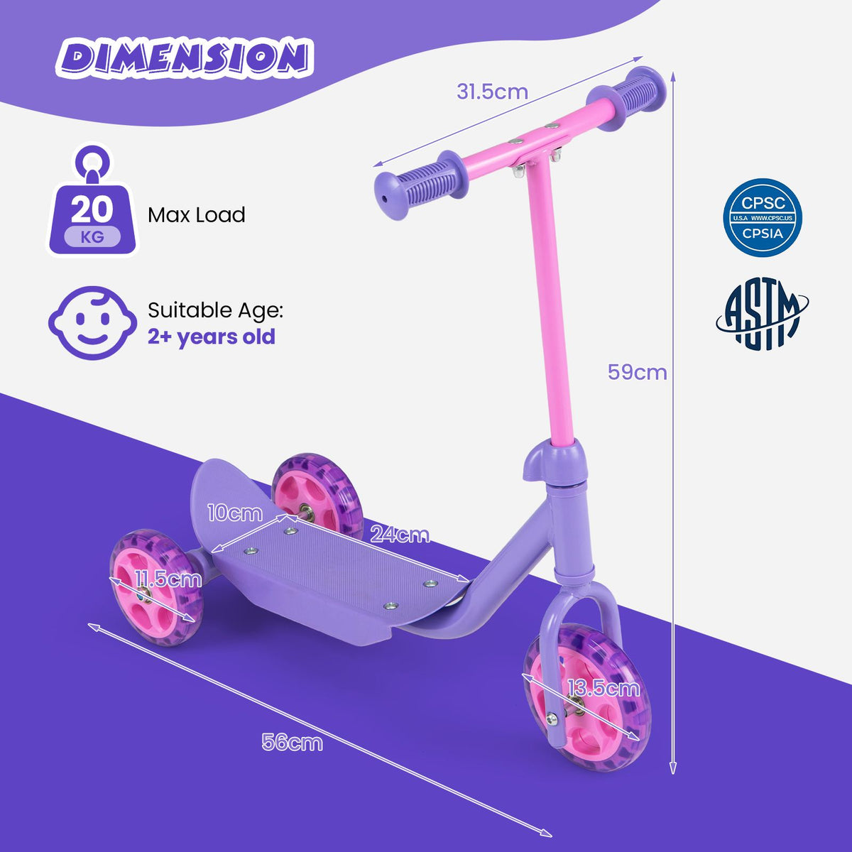 Toddler 3 Wheel Kick Scooter with LED Light Up Wheels and Wide Anti Slip Deck
