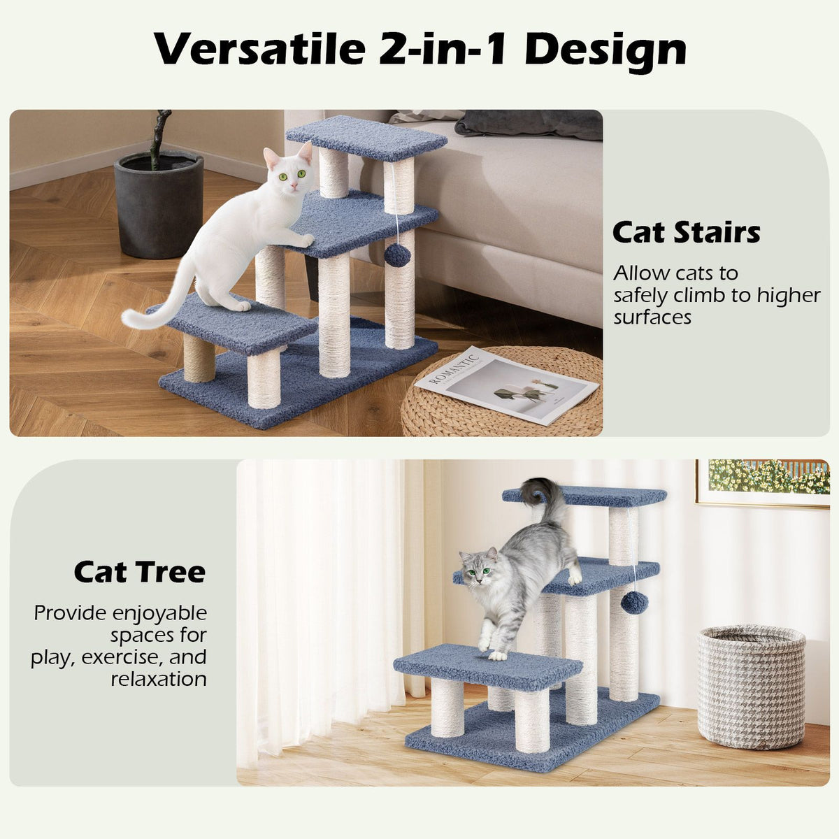 2-in-1 Cat Tree Tower Pet Steps with Sisal Scratching Posts and 3 Large Platforms