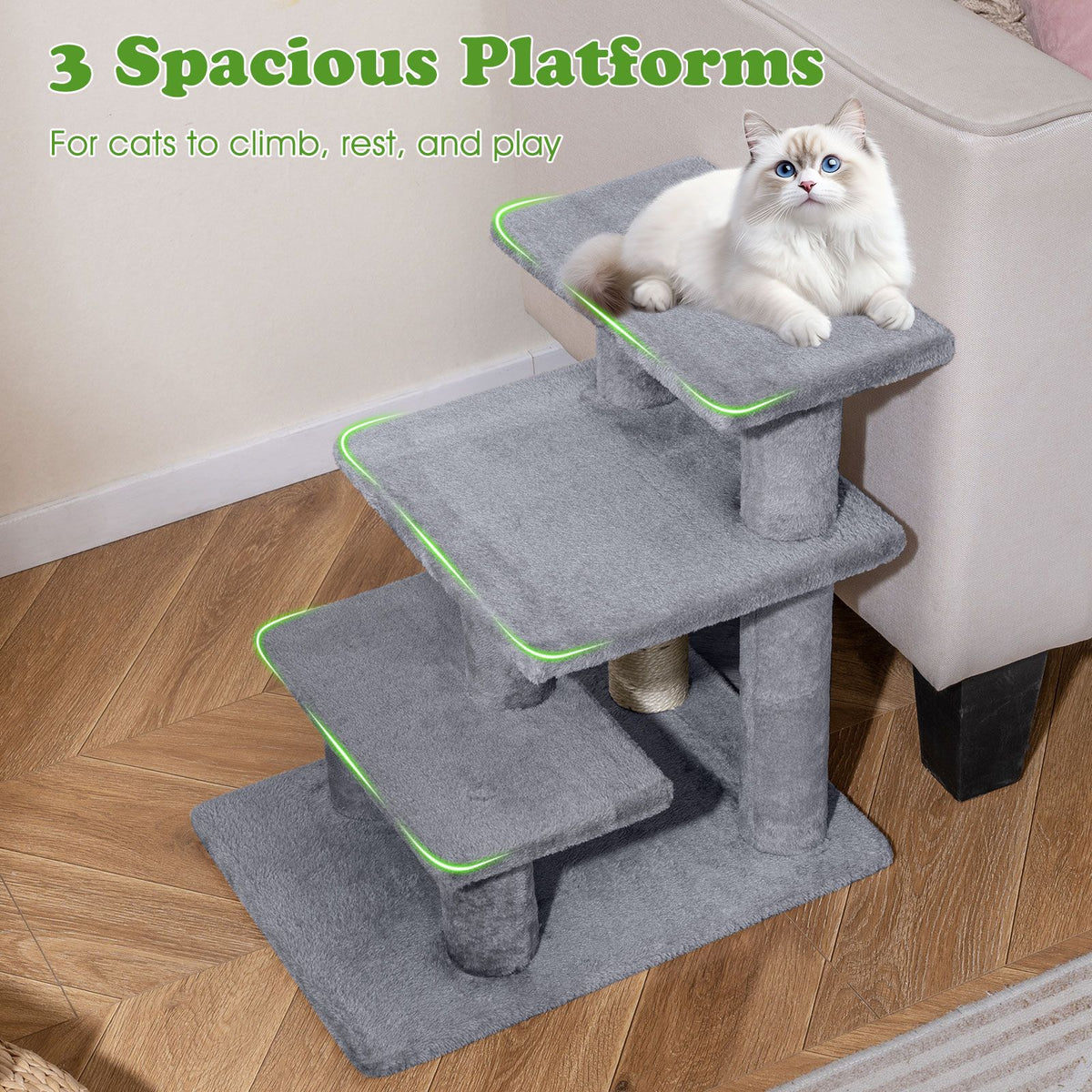 2-in-1 Cat Tree Tower Pet Steps with 3 Large Platforms and Sisal Scratching Post