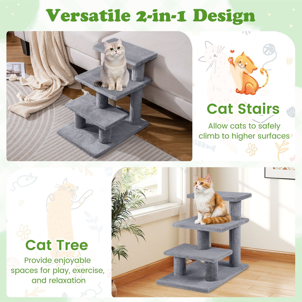 2-in-1 Cat Tree Tower Pet Steps with 3 Large Platforms and Sisal Scratching Post