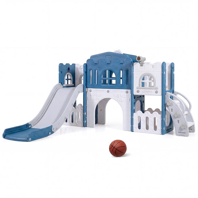 All in 1 L-shaped Toddle Slide with Tunnel and Basketball Hoop for Toddlers Age 1-3