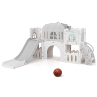 All in 1 L-shaped Toddle Slide with Tunnel and Basketball Hoop for Toddlers Age 1-3