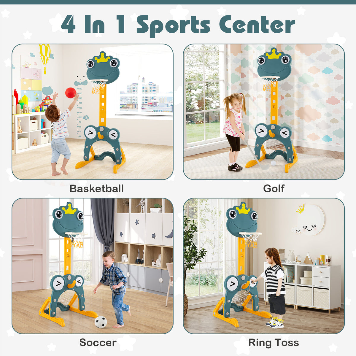 Toddler Basketball Hoop, 4-in-1 Kids Activity Center with Rim, Soccer Goal, Golf, Ring Toss
