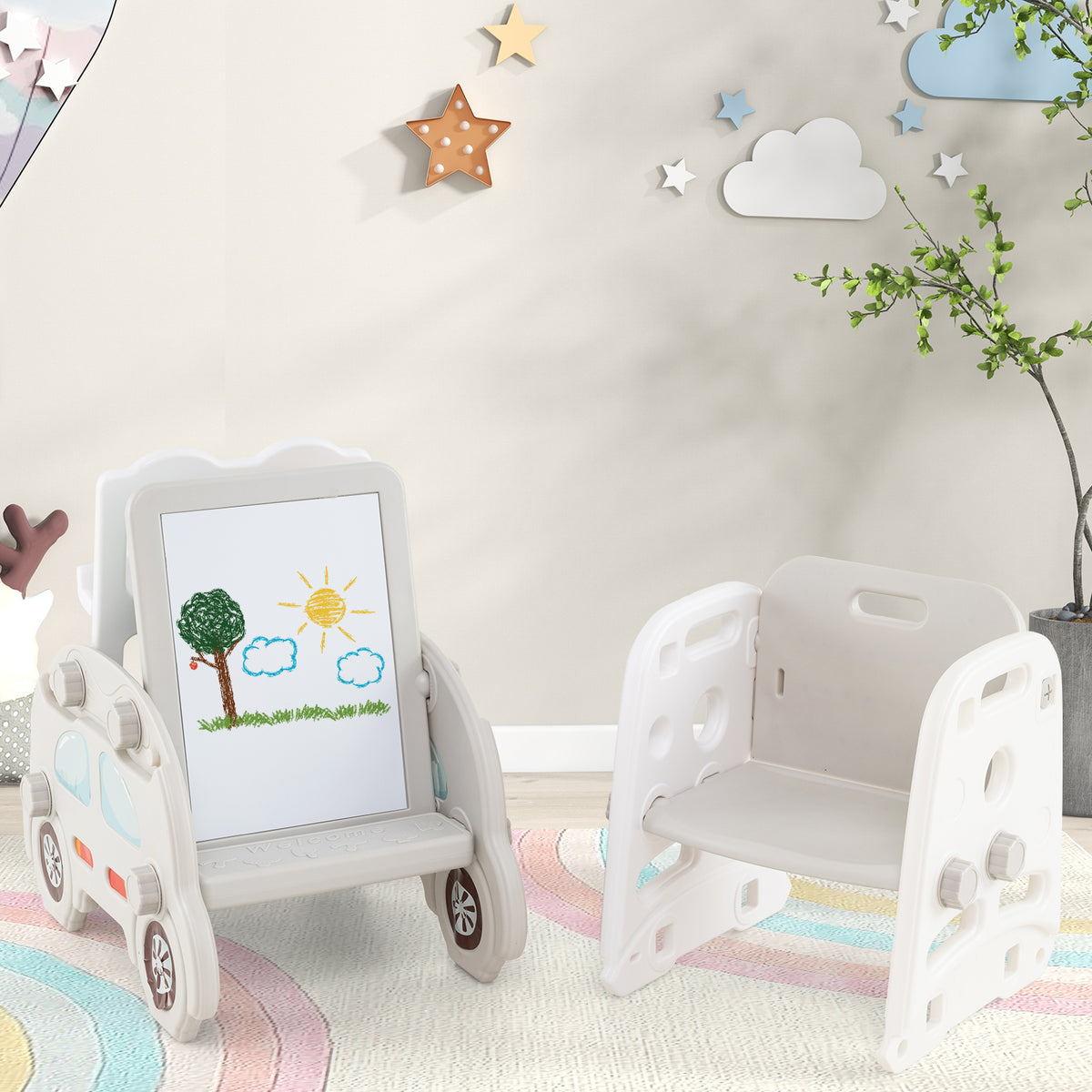 5 in 1 Convertible Toddler Slide Set, Kids Art Easel with Stool