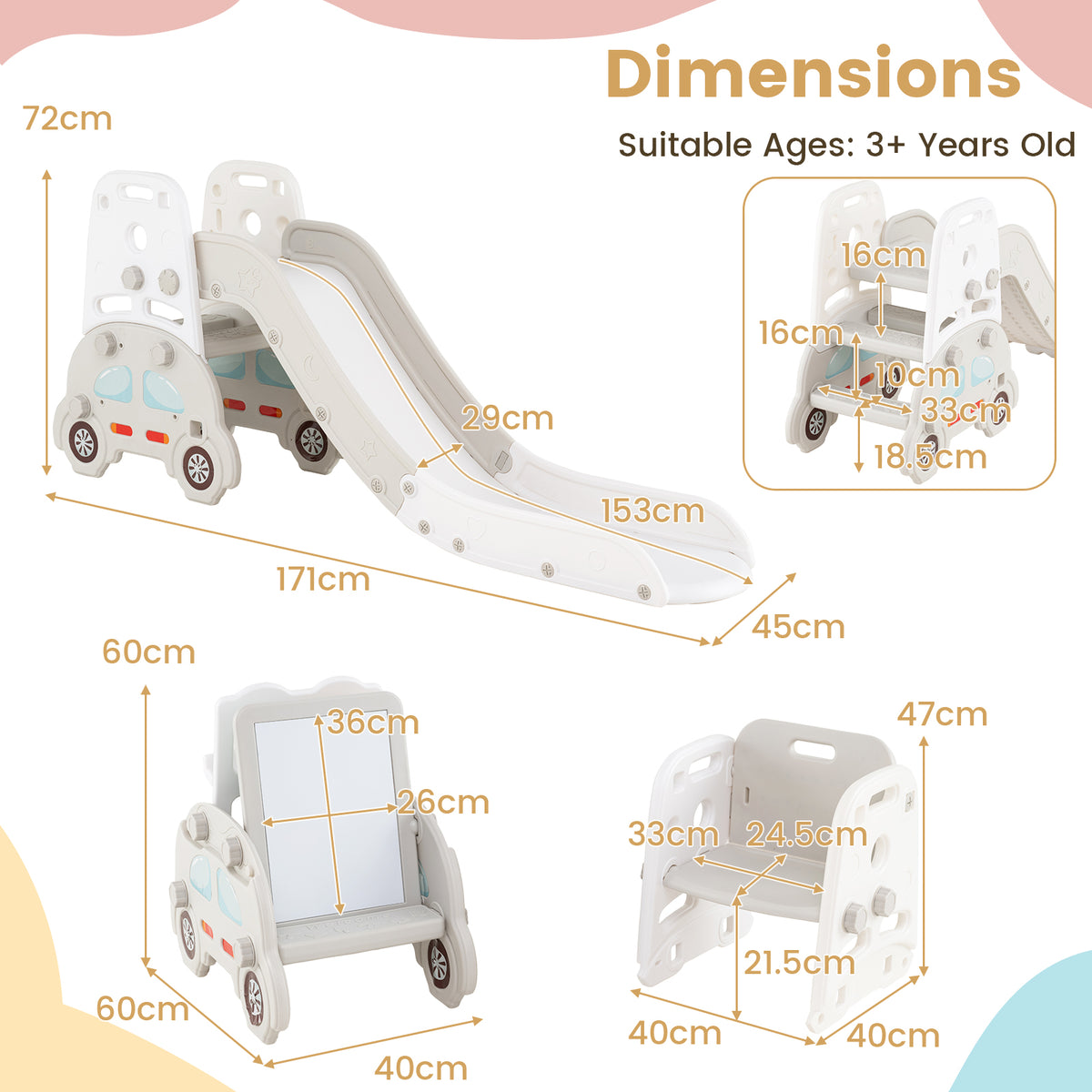 5 in 1 Convertible Toddler Slide Set, Kids Art Easel with Stool