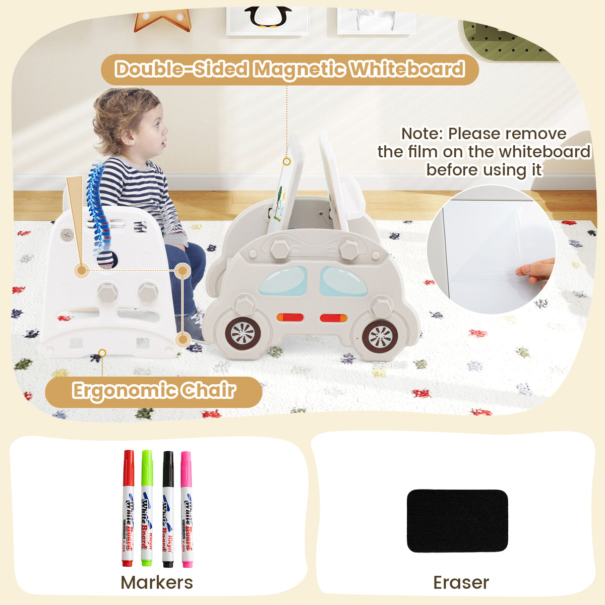 5 in 1 Convertible Toddler Slide Set, Kids Art Easel with Stool