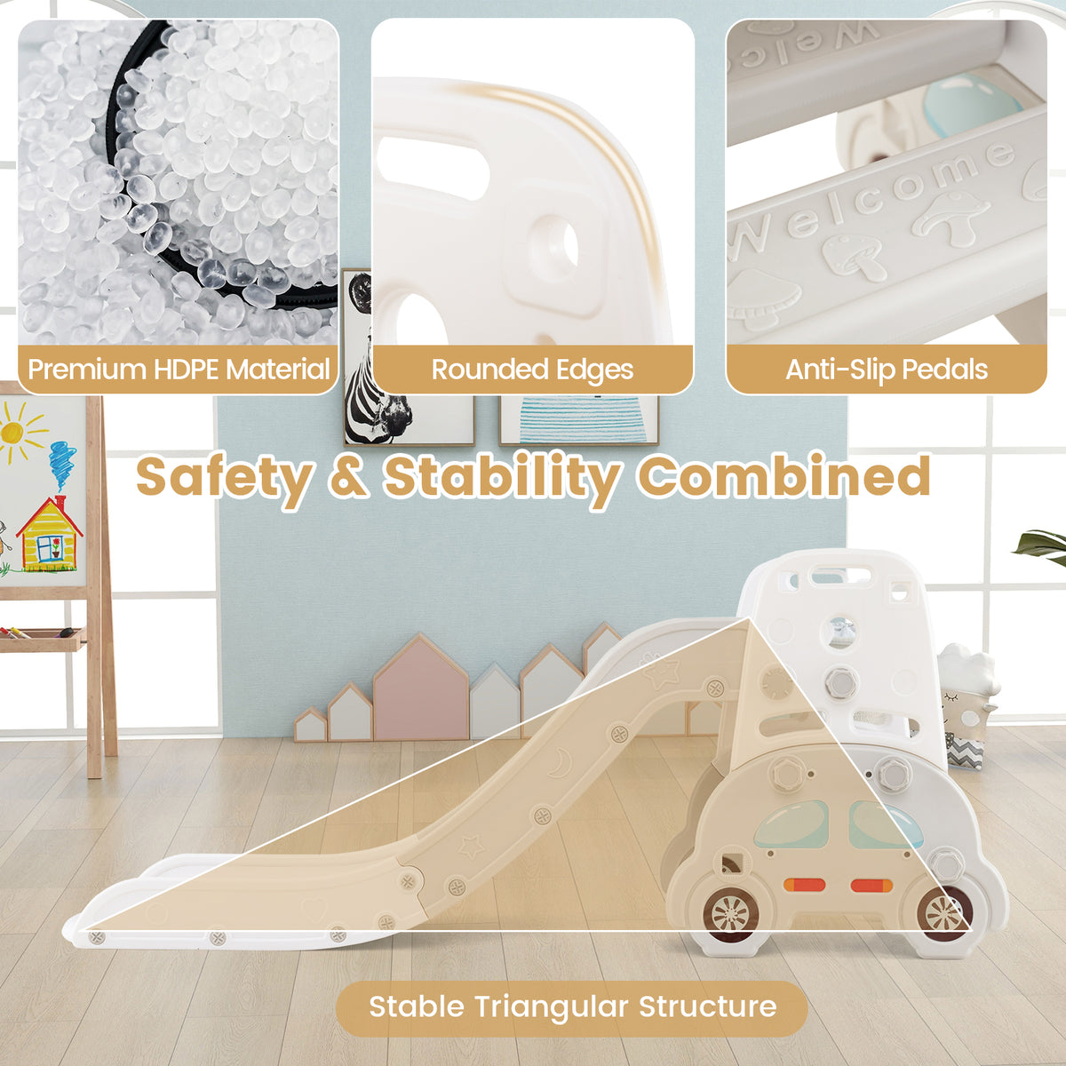 5 in 1 Convertible Toddler Slide Set, Kids Art Easel with Stool