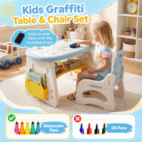 Height Adjustable Children Activity Table w/Graffiti Desktop, Storage, Markers & Eraser, Toddler Furniture Set