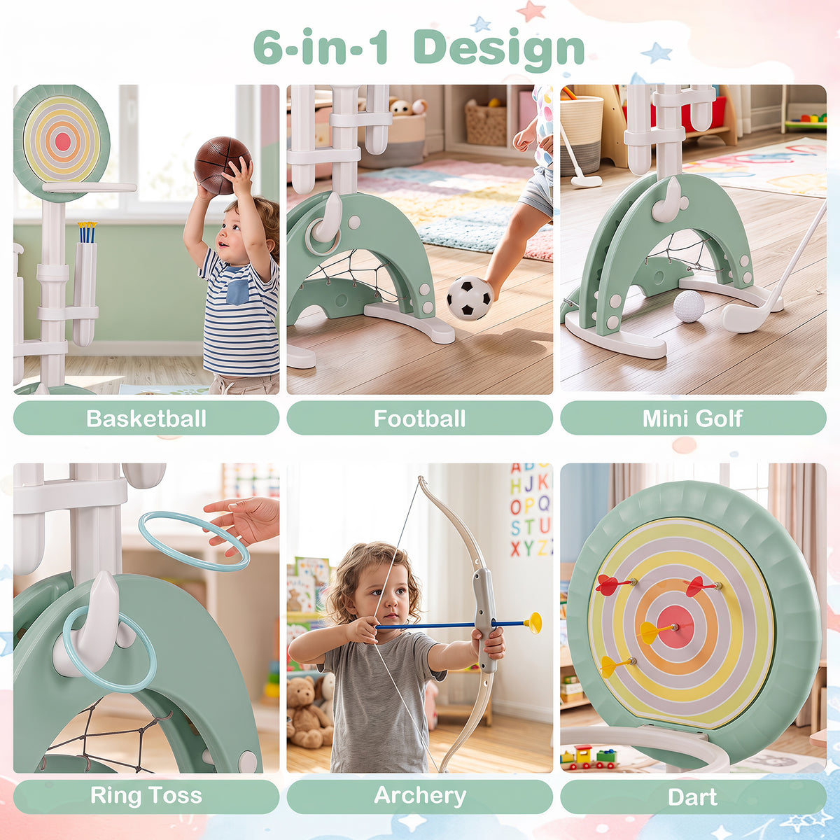 6-in-1 Toddler Basketball Hoop with 8 Adjustable Height
