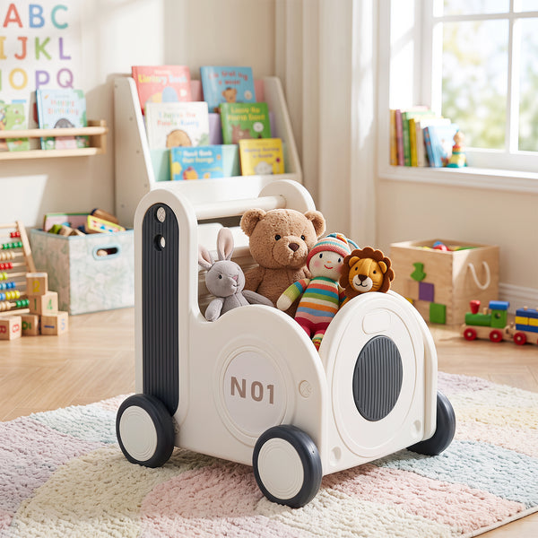 Train-Shaped Toddler Toy Box with Wheels & Flip-up Seat