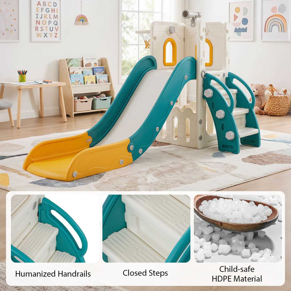 6-in-1 Toddler Slide Set with Climber Basketball Hoop and Telescope for Kids