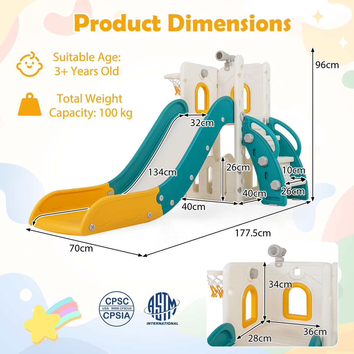 6-in-1 Toddler Slide Set with Climber Basketball Hoop and Telescope for Kids