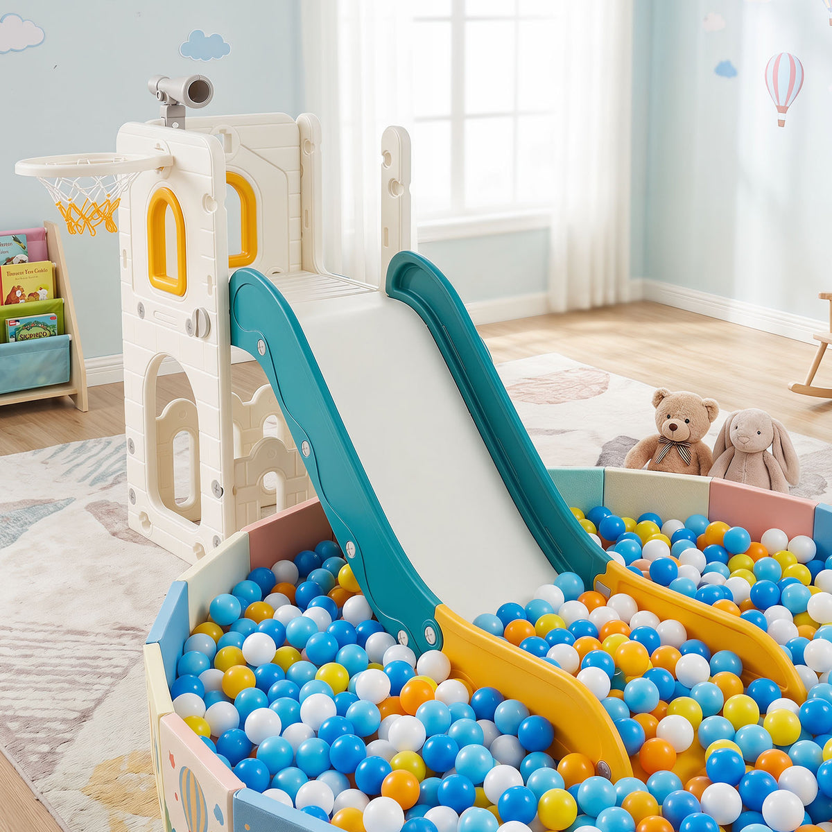 6-in-1 Toddler Slide Set with Climber Basketball Hoop and Telescope for Kids