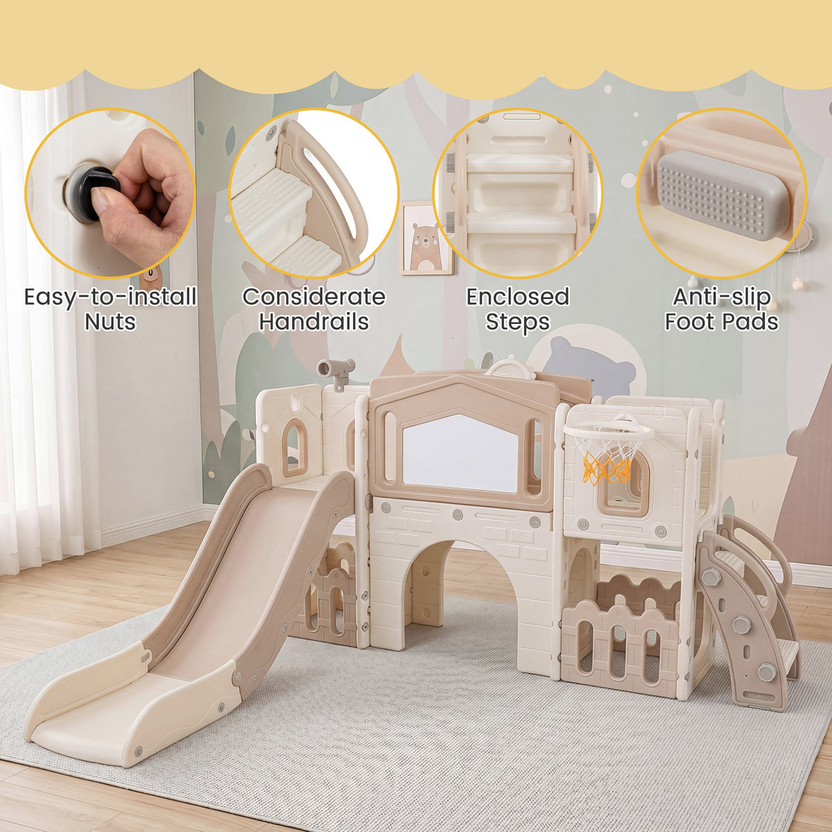Kids Slide Playset with Basketball Hoop and Music Box for Toddlers