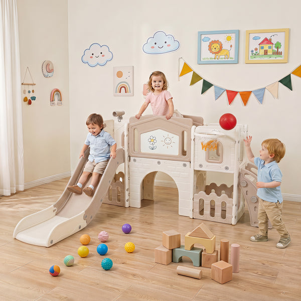 Kids Slide Playset with Basketball Hoop and Music Box for Toddlers