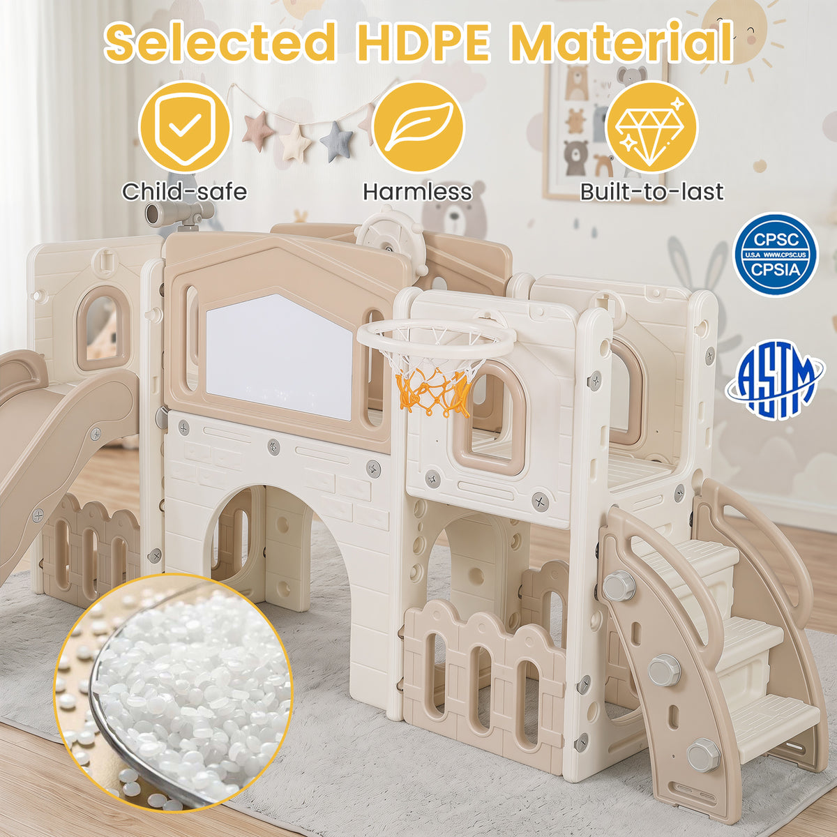 Kids Slide Playset with Basketball Hoop and Music Box for Toddlers