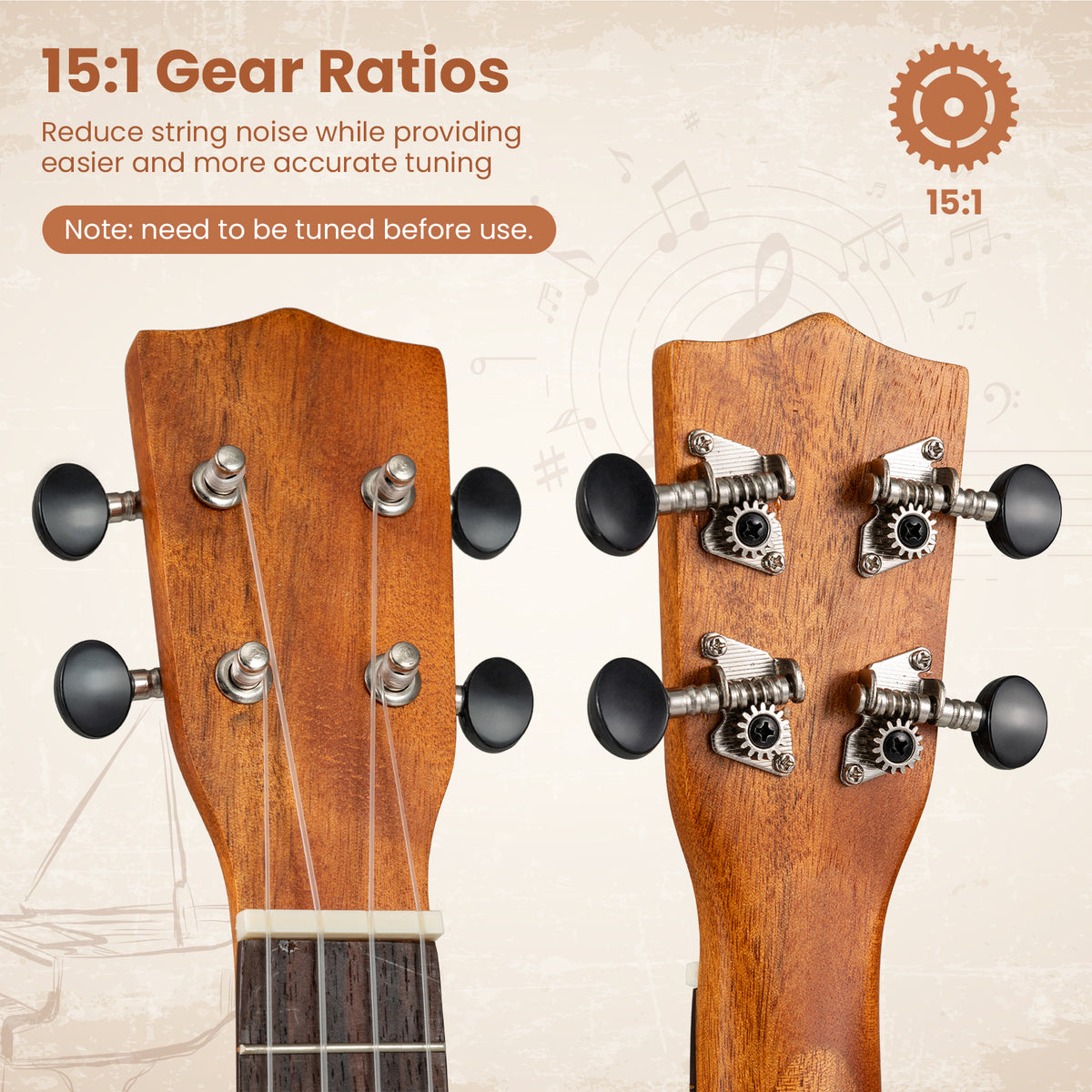 Soprano Mahogany Wooden Ukelele Set with Gig Bag and Adjustable Strap