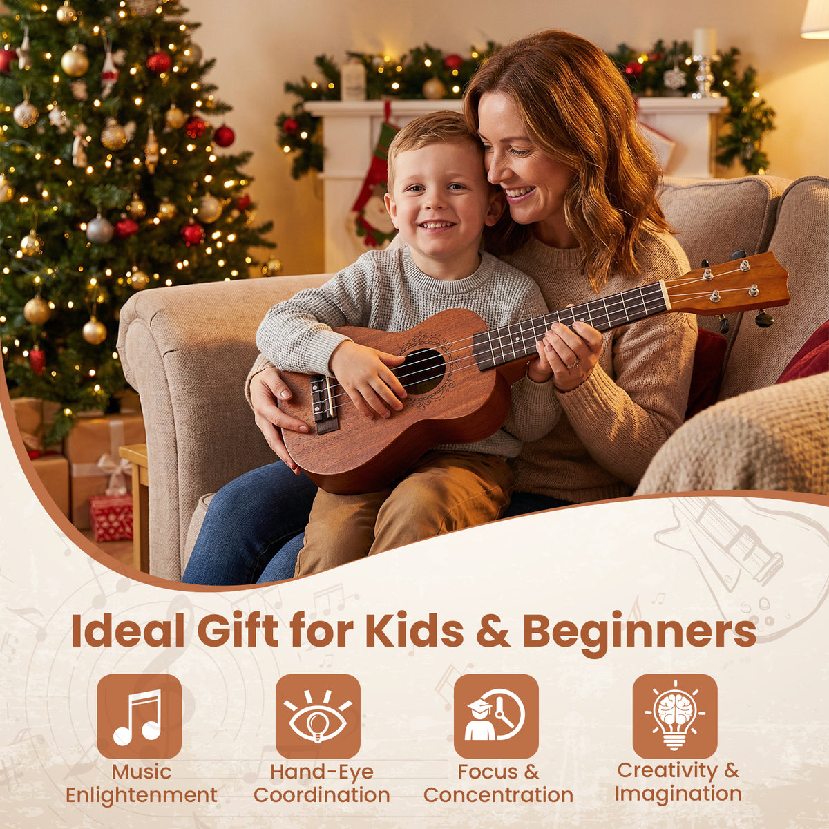 Soprano Mahogany Wooden Ukelele Set with Gig Bag and Adjustable Strap