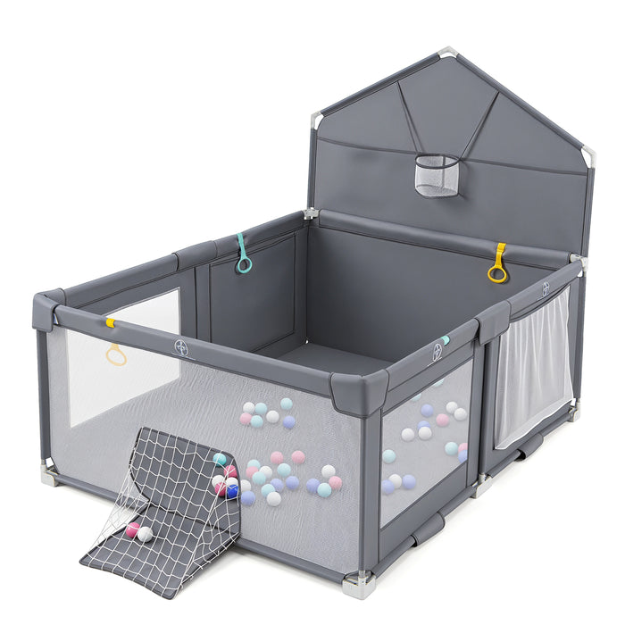 Foldable Baby Playpen, Large Play Yard Activity Center w/Basketball Hoop, Soccer Goal, Pull Rings & Ocean Balls for Infants
