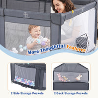 Foldable Baby Playpen, Large Play Yard Activity Center w/Basketball Hoop, Soccer Goal, Pull Rings & Ocean Balls for Infants