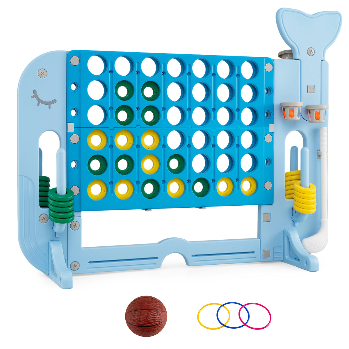 Giant 4-in-A Row w/Ring-toss, Basketball Hoop, Golf Club & Balls