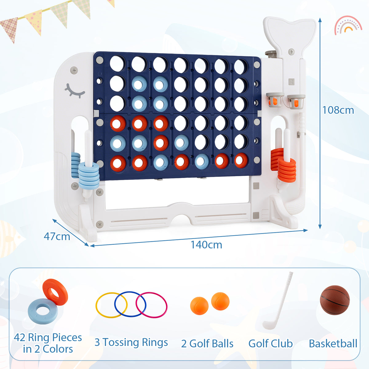 Giant 4-in-A Row w/Ring-toss, Basketball Hoop, Golf Club & Balls