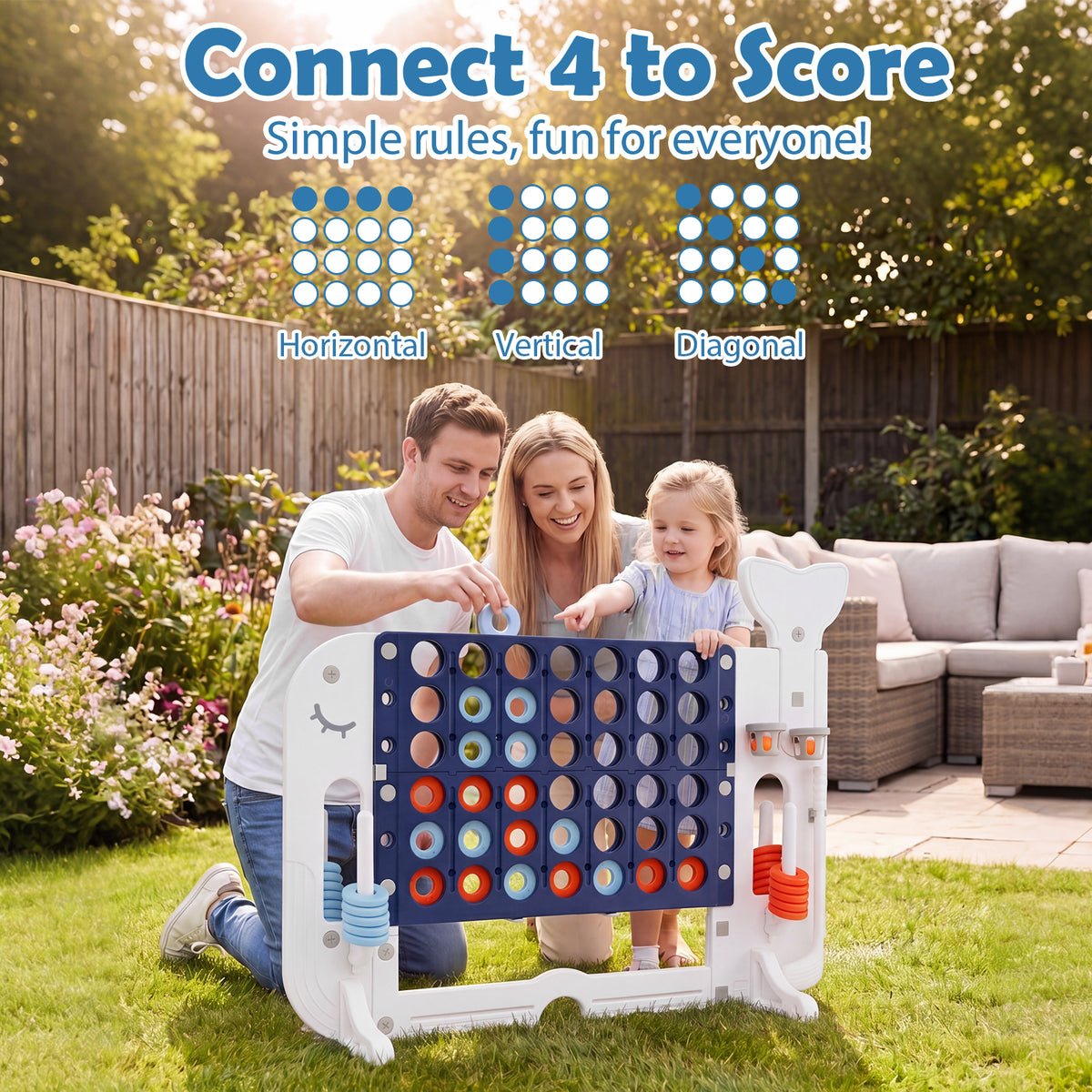 Giant 4-in-A Row w/Ring-toss, Basketball Hoop, Golf Club & Balls