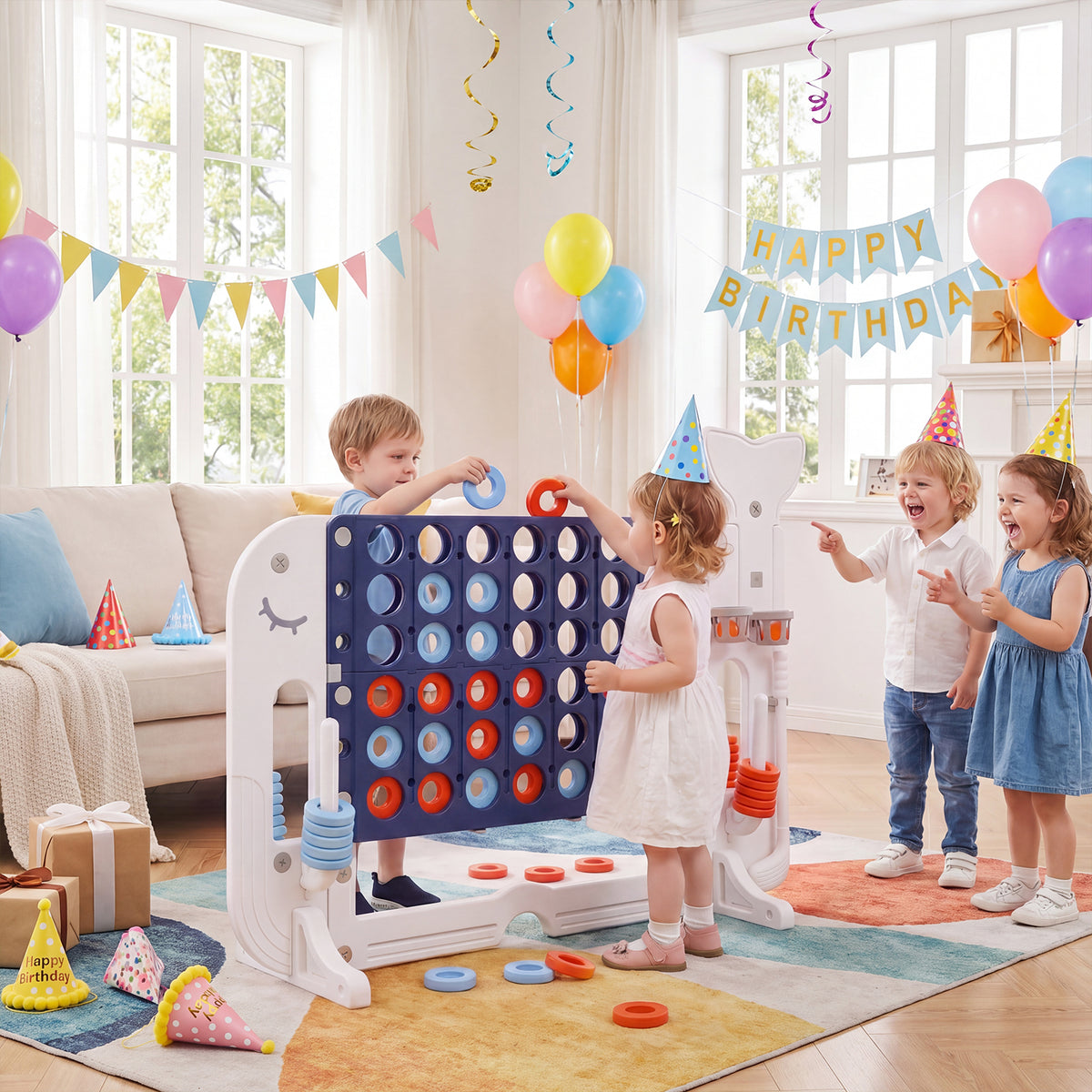 Giant 4-in-A Row w/Ring-toss, Basketball Hoop, Golf Club & Balls