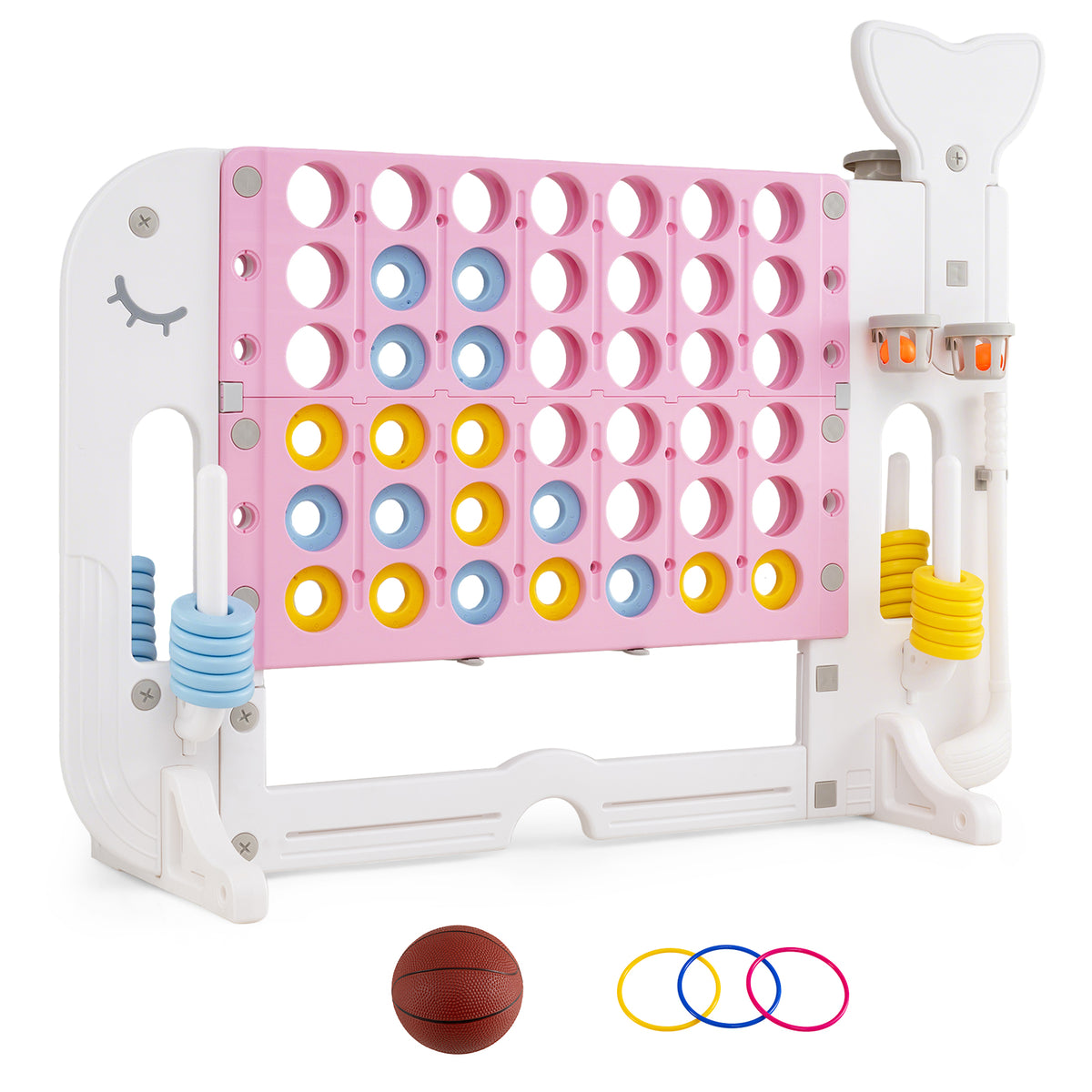 Giant 4-in-A Row w/Ring-toss, Basketball Hoop, Golf Club & Balls