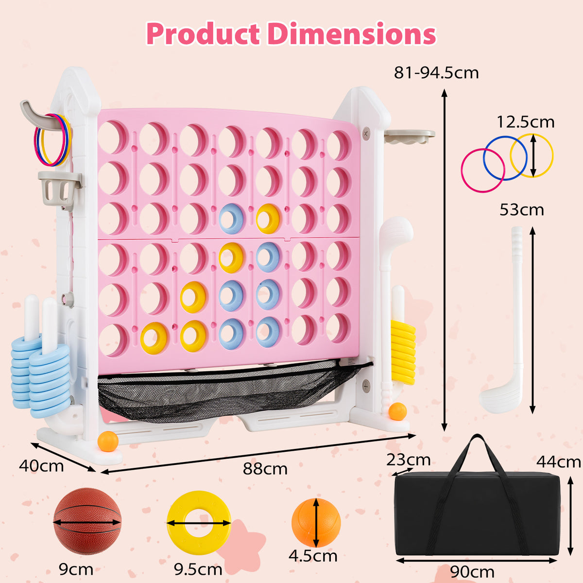 4 in a Row Connect Game w/ Mesh Net, Carrying Bag, Height Adjustable