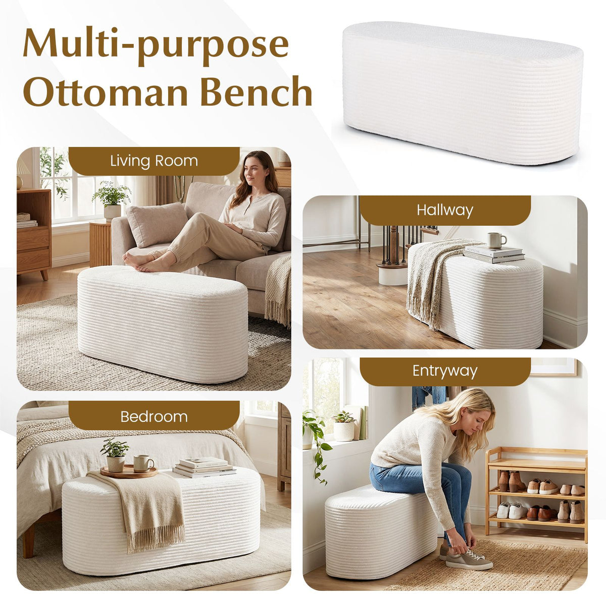 Upholstered Ottoman Bench with Corduroy Fabric and High-Density Sponge