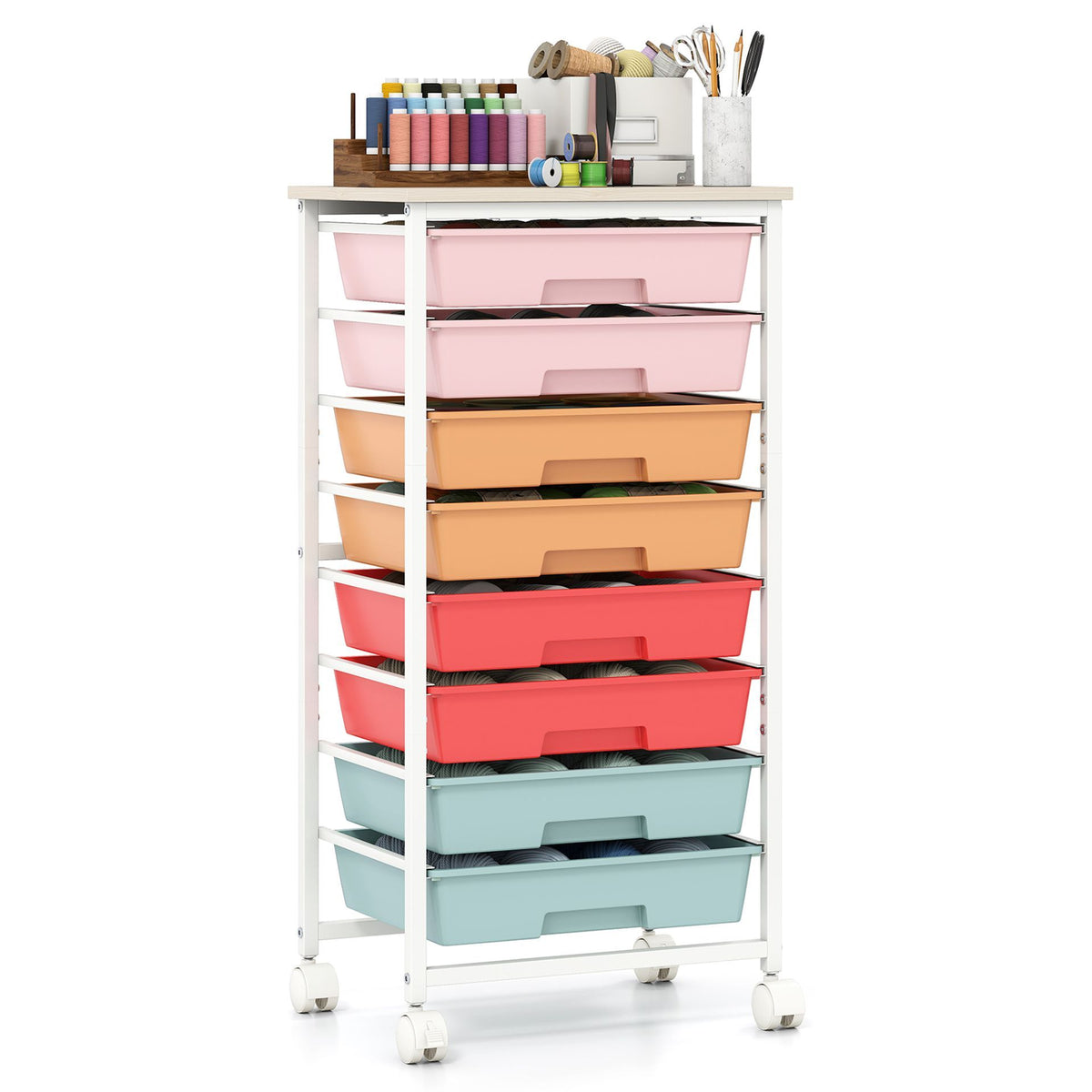 Utility Cart with Wooden Tabletop and Lockable Wheels Office and Art Craft Storage Organizer