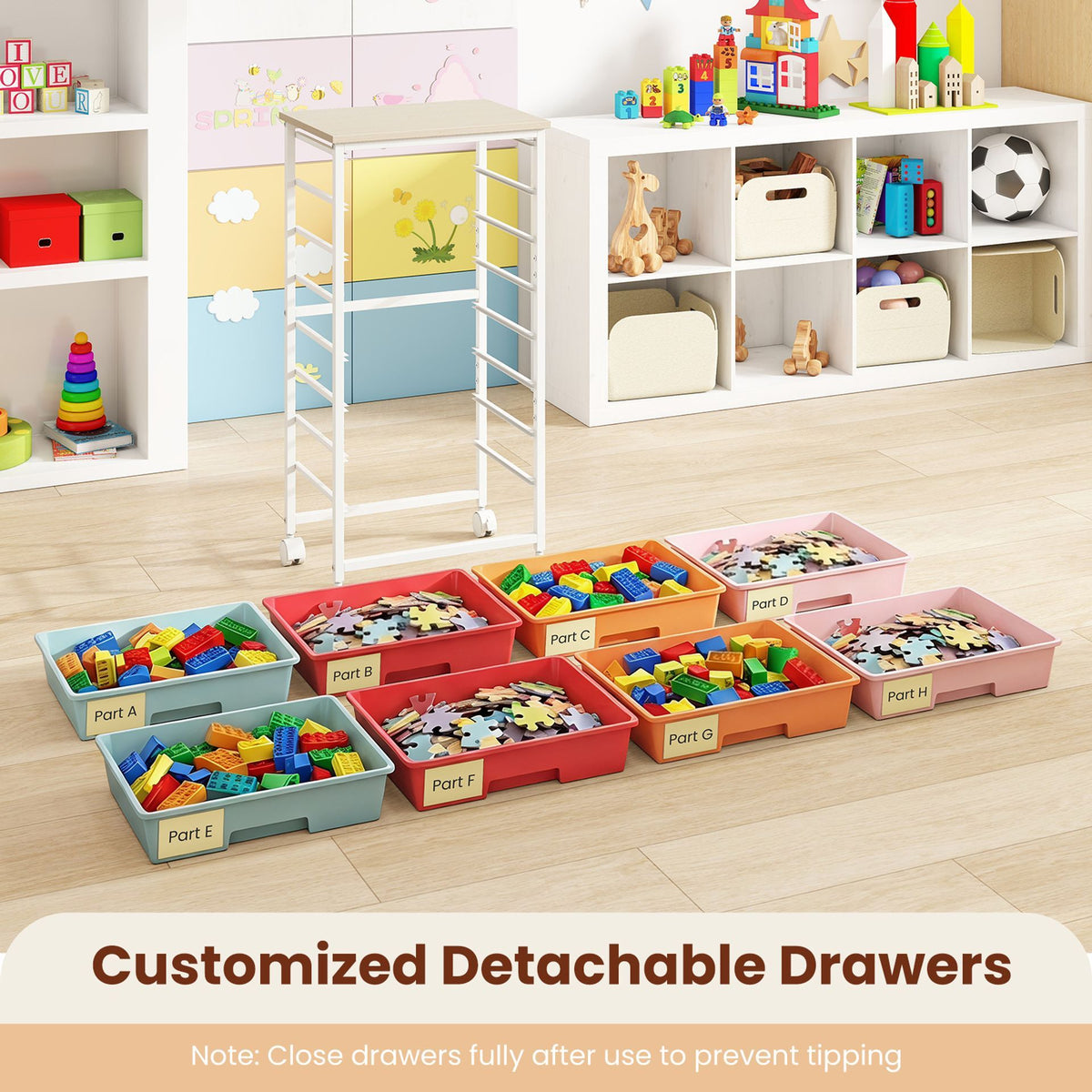 Utility Cart with Wooden Tabletop and Lockable Wheels Office and Art Craft Storage Organizer