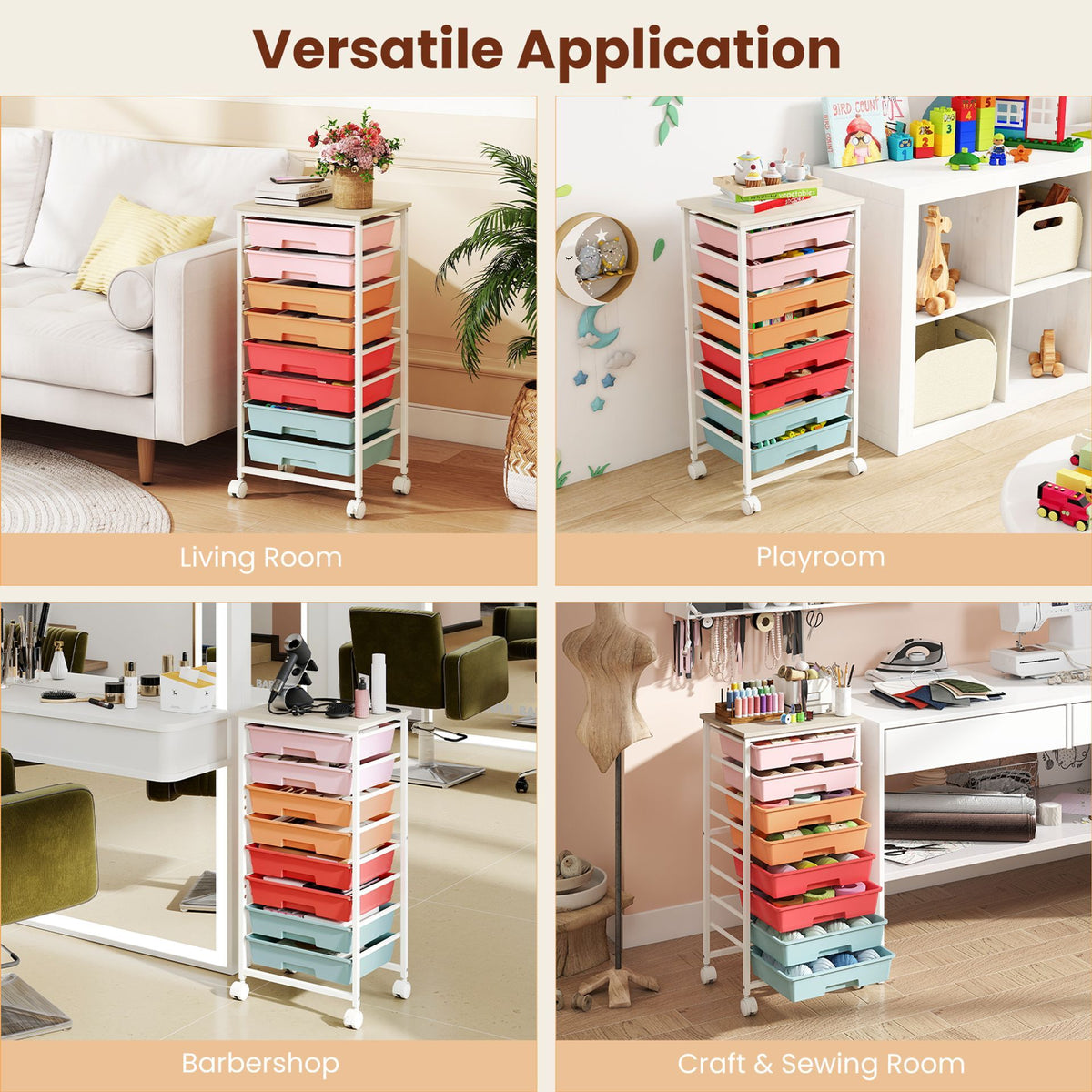 Utility Cart with Wooden Tabletop and Lockable Wheels Office and Art Craft Storage Organizer