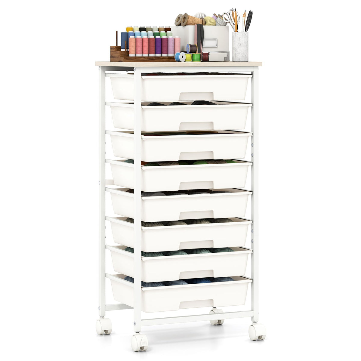 Utility Cart with Wooden Tabletop and Lockable Wheels Office and Art Craft Storage Organizer
