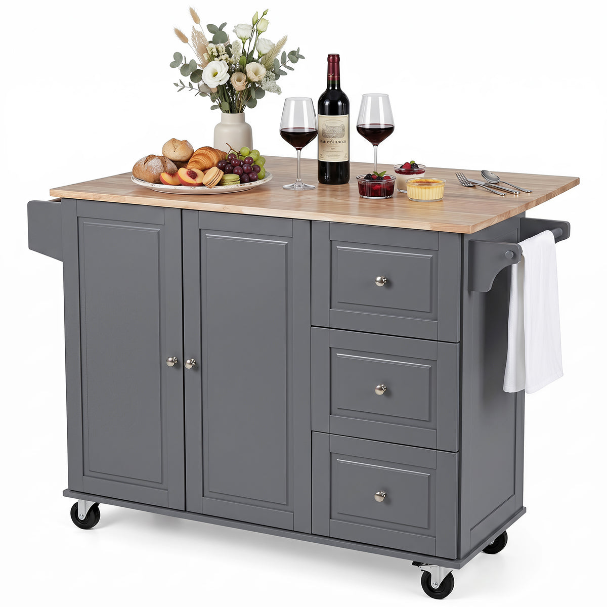 Giantex Kitchen Island Cart, Large Trolley Cart w/ Drop-Leaf Tabletop, Large Cabinet, 3 Drawers, Spice Rack, Towel Rack, Rolling Serving Trolley Cabinet