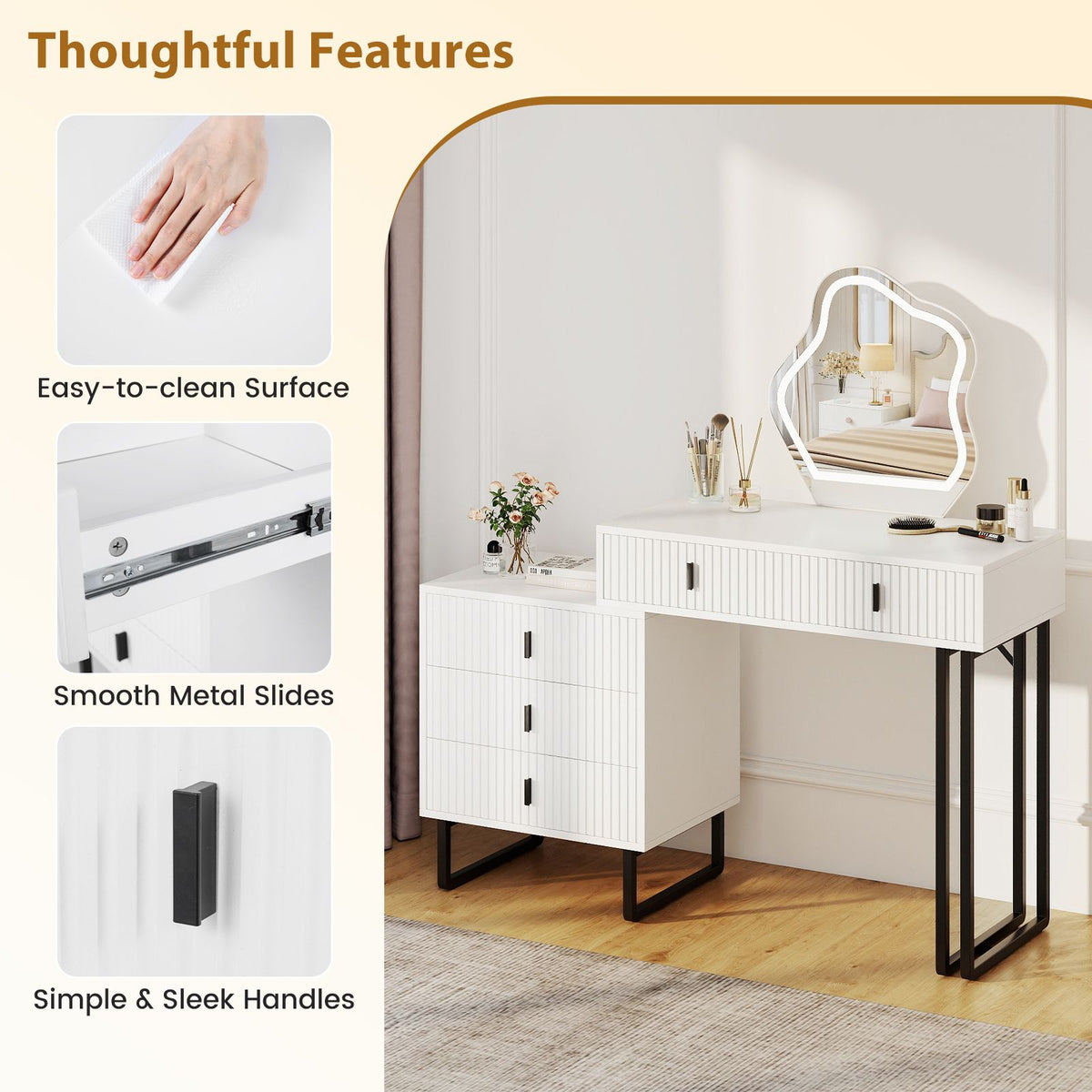 Vanity Desk with 3 Lighting Modes and Adjustable Brightness