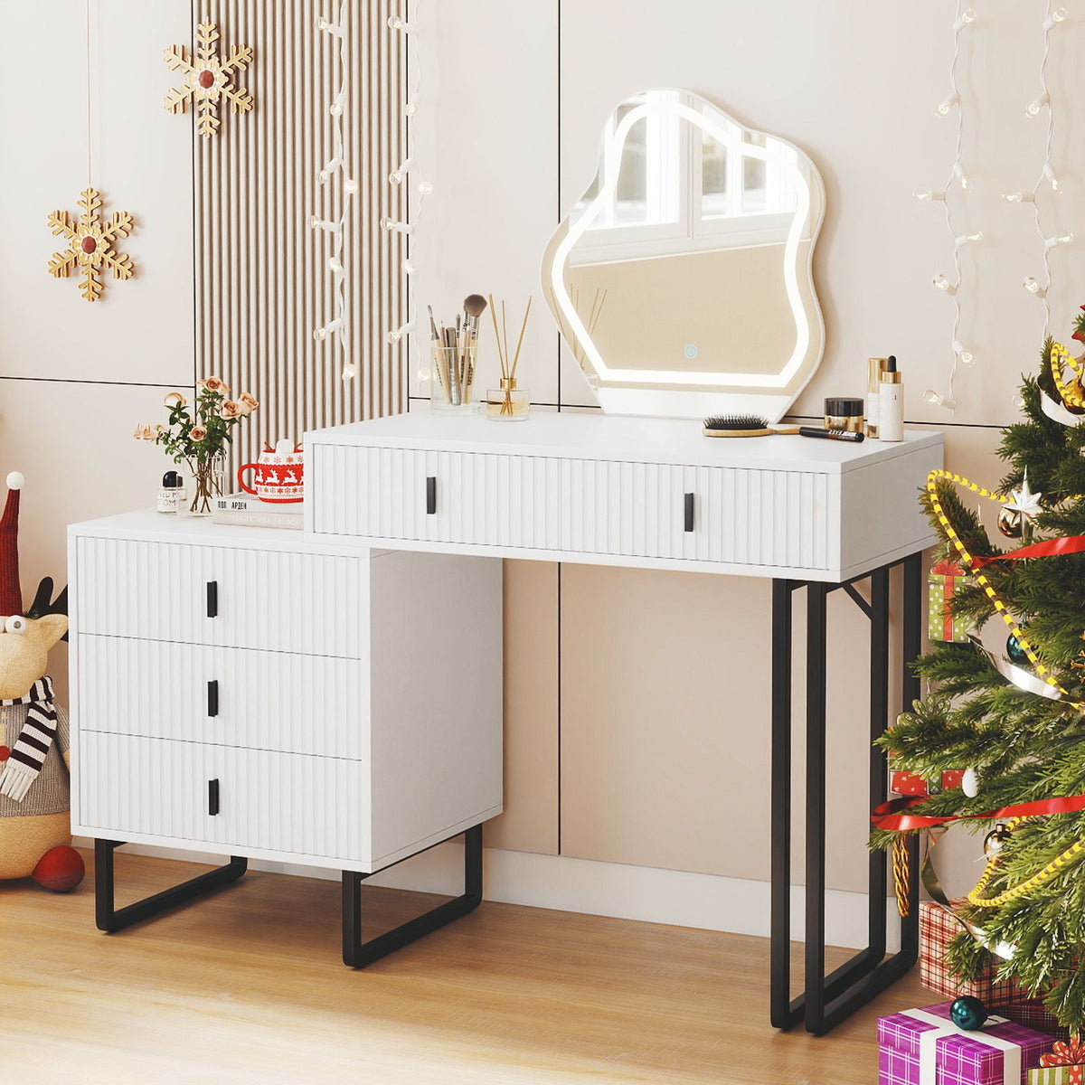 Vanity Desk with 3 Lighting Modes and Adjustable Brightness