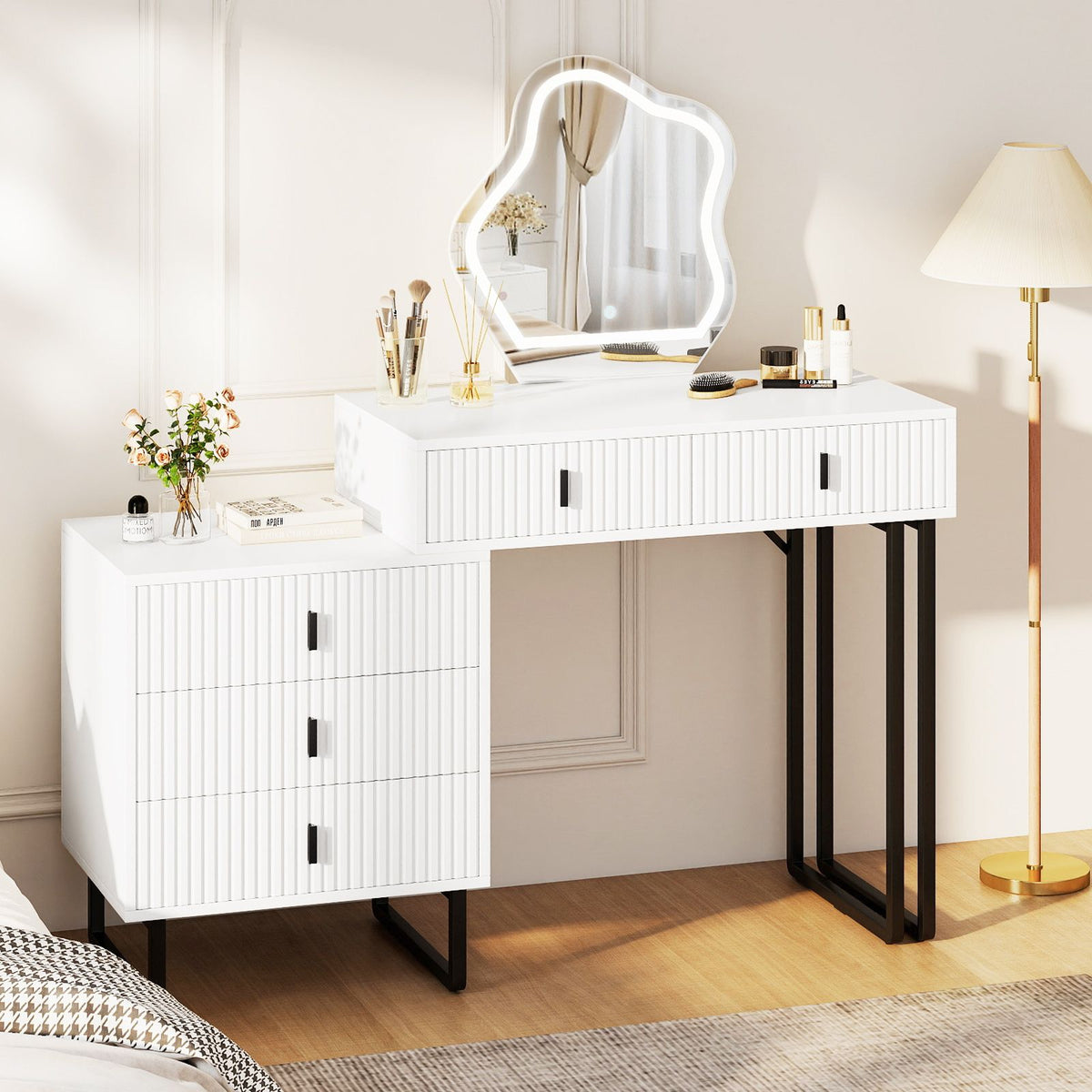 Vanity Desk with 3 Lighting Modes and Adjustable Brightness