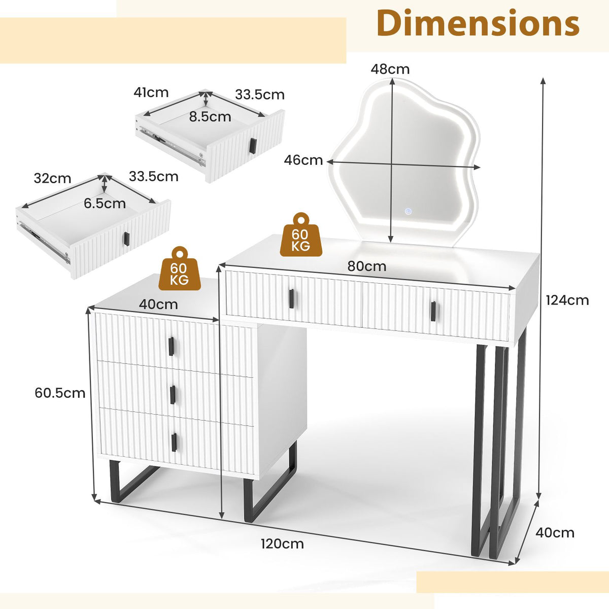 Vanity Desk with 3 Lighting Modes and Adjustable Brightness