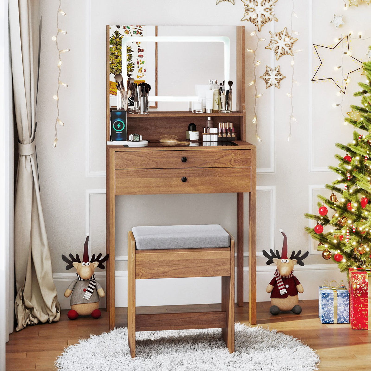 Vanity Desk with Power Outlets and 3 Color Lighting Modes for Bedroom