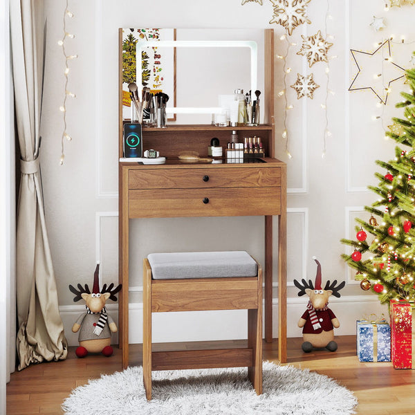 Vanity Desk with Power Outlets and 3 Color Lighting Modes for Bedroom