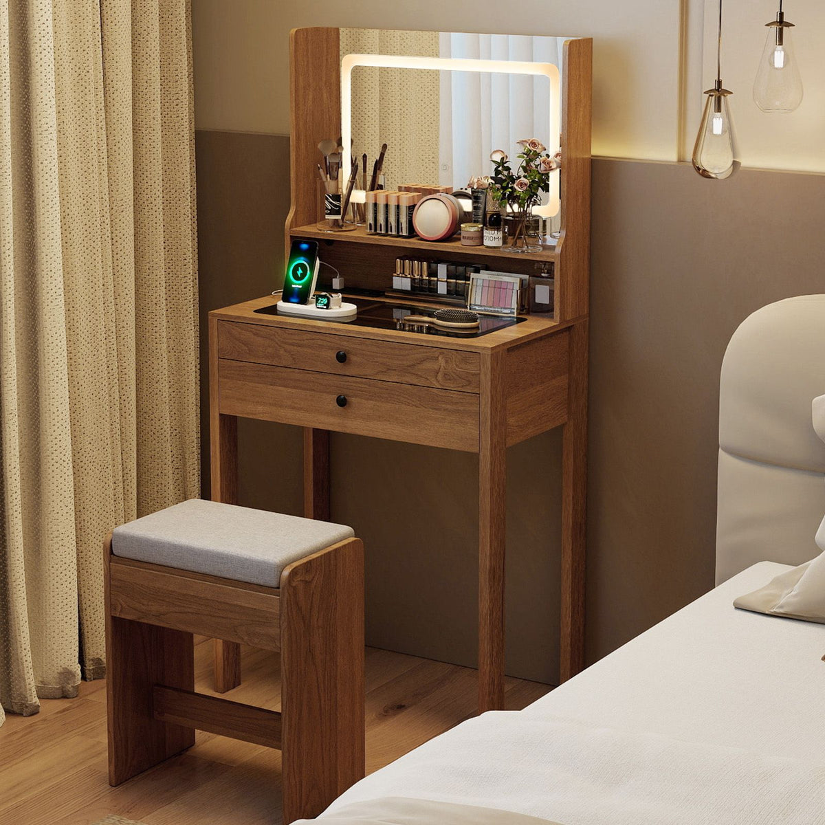 Vanity Desk with Power Outlets and 3 Color Lighting Modes for Bedroom