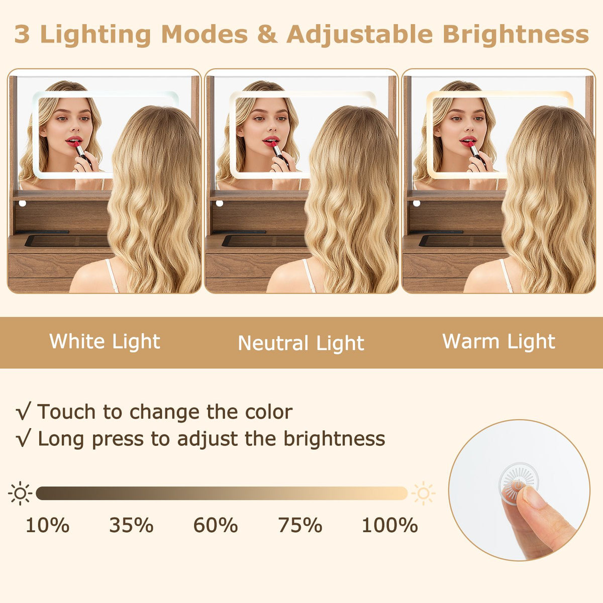 Vanity Desk with Power Outlets and 3 Color Lighting Modes for Bedroom