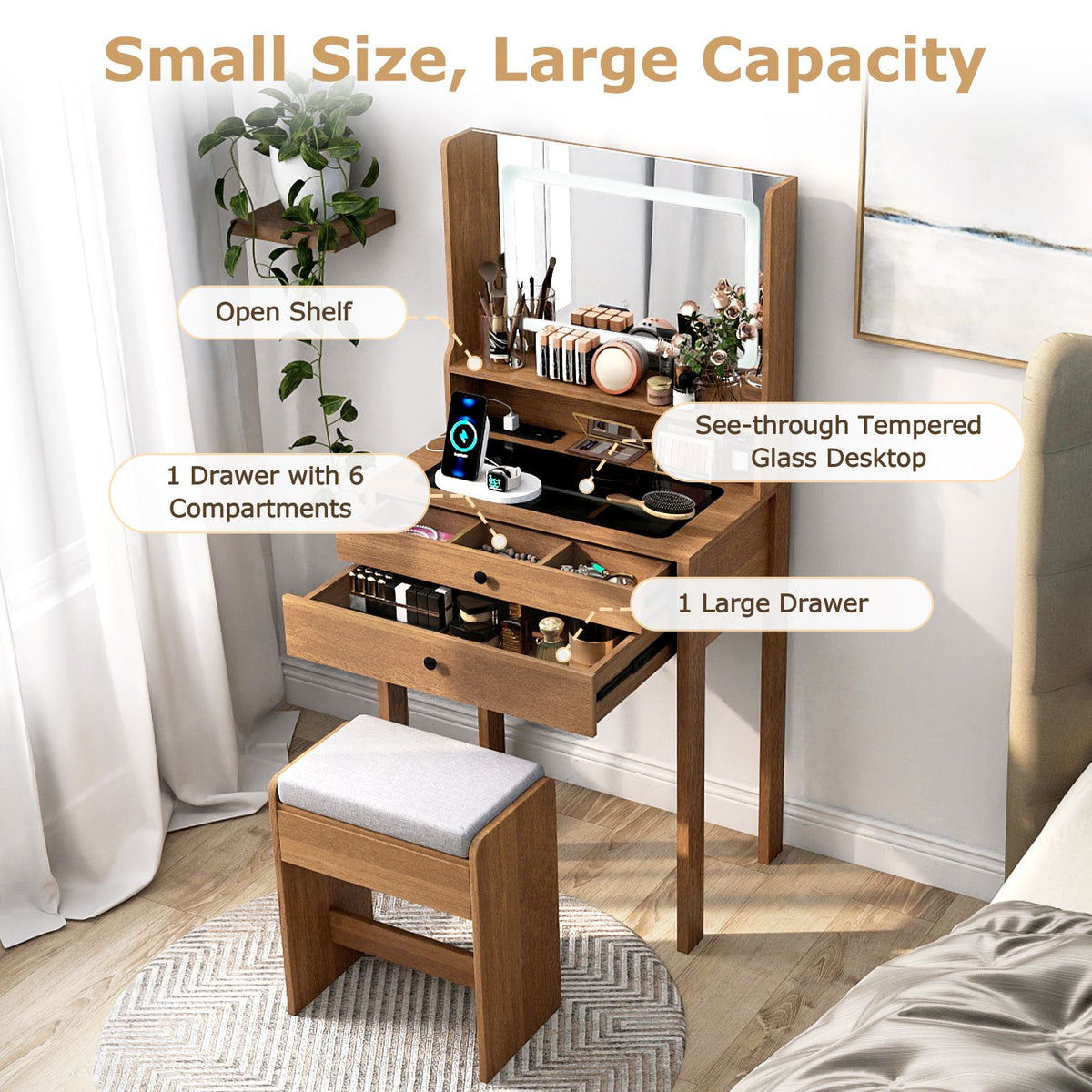 Vanity Desk with Power Outlets and 3 Color Lighting Modes for Bedroom