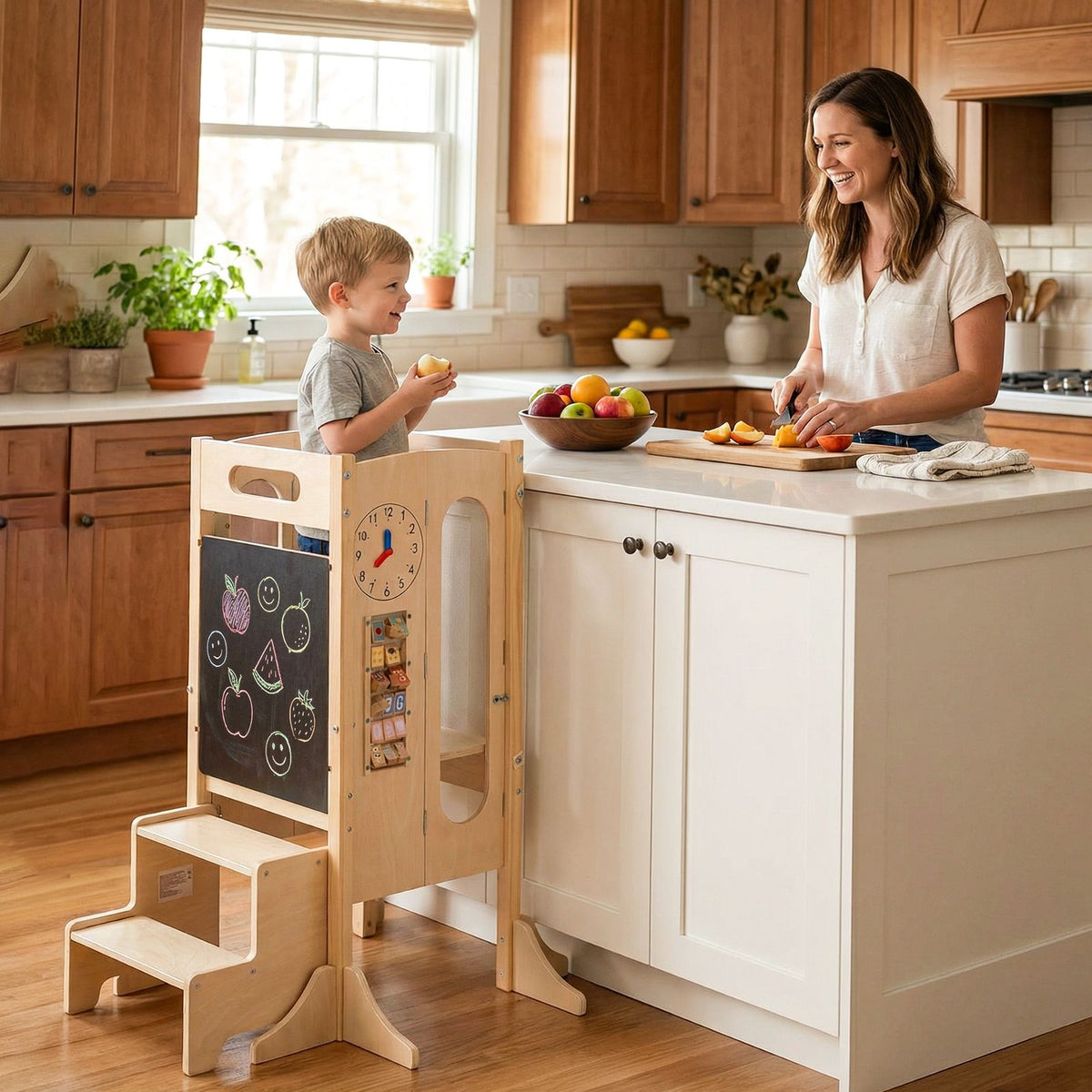 Versatile Wooden Learning Tower with Blackboard & Montessori Games for Children 3+ Years Old