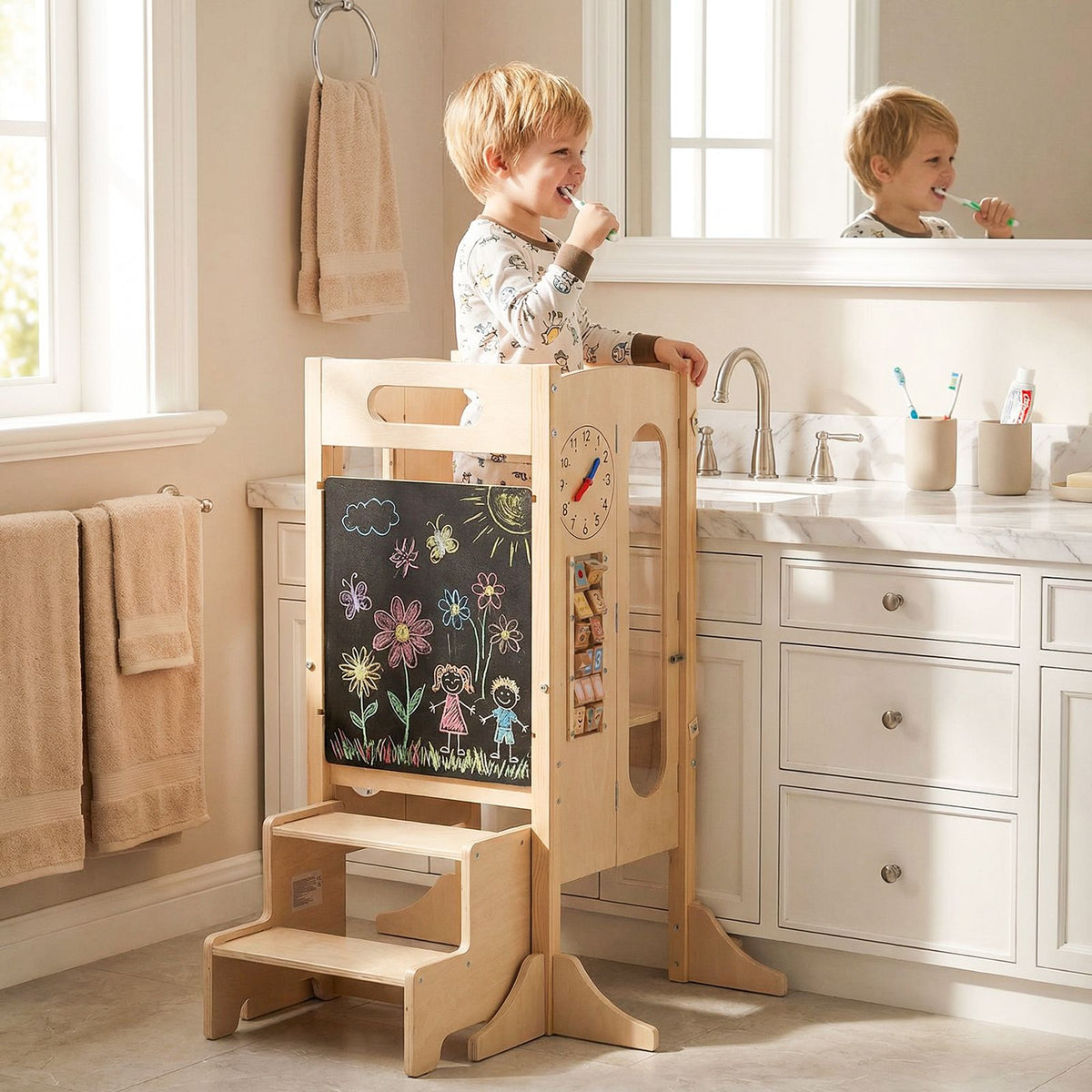 Versatile Wooden Learning Tower with Blackboard & Montessori Games for Children 3+ Years Old