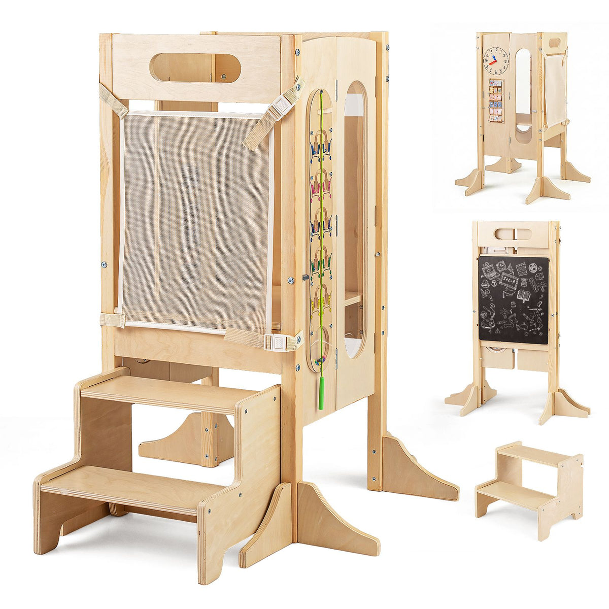 Versatile Wooden Learning Tower with Blackboard & Montessori Games for Children 3+ Years Old